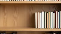 Wooden bookshelf with colorful books arranged neatly on shelves. Library interior with natural wood grain texture for educational and reading concepts.