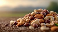 Mixed raw nuts and seeds scattered on rustic wooden surface in warm sunset light, macro food photography showing natural texture and details.