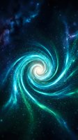 Glowing spiral galaxy with teal and green cosmic energy swirls, bright luminous core, and sparkling stars on a deep dark space background.