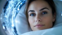 Young woman with glowing blue digital network sphere around her head while resting on white pillow, representing artificial intelligence and brain technology.
