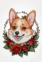 Adorable cartoon corgi portrait surrounded by red roses and green leaves wreath, perfect for pet lovers merchandise, greeting cards and decorative prints on white background.