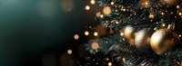 Festive Christmas tree branches adorned with golden and bronze ornaments against dark background with magical bokeh lights creating holiday atmosphere.