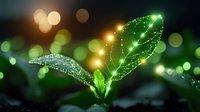 Magical glowing green leaves with sparkles and bokeh lights in dark background, nature fantasy concept with dew drops and ethereal illumination.