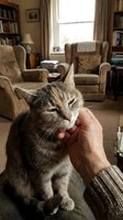 Tabby cat enjoying a gentle chin scratch from a human hand in a cozy living room with armchairs and bookshelves in soft natural light.