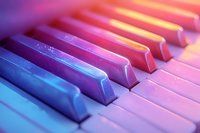 Piano keys in vibrant neon lighting with blue and pink gradient colors creating atmospheric mood for music and entertainment background.