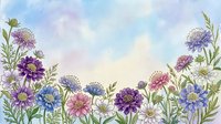 Watercolor floral border with purple, blue, and pink wildflowers on a soft pastel sky background, leaving copy space for text or design.