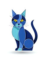 Stylized geometric cat with blue and turquoise colors, yellow eyes and whiskers in modern abstract art style for contemporary design projects.