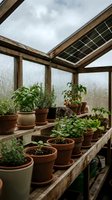 Rustic greenhouse interior with potted plants on wooden benches, solar panel roof, and diffused natural light filtering through glass panels for gardening and cultivation.