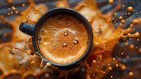 Fresh coffee cup with dynamic splash and flying drops creating dramatic motion effect against orange background, rich crema texture and aromatic beverage photography.