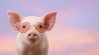 Adorable pig wearing heart-shaped sunglasses against soft pink purple gradient background. Cute farm animal portrait for greeting cards and designs.