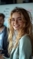 Young professional woman with blonde wavy hair wearing round glasses and mint green sweater smiles warmly in modern office environment. Soft natural lighting creates welcoming atmosphere.