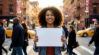 Young African American woman holding blank white sign on busy city street with yellow taxis and pedestrians in background during golden hour lighting.