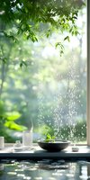 Fresh green leaves frame a serene spa setting with water drops splashing from black ceramic bowl on windowsill, natural sunlight filtering through foliage creates bokeh effect.