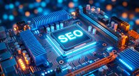 Futuristic computer processor chip with glowing SEO text center, surrounded by electronic components and circuits with blue orange lighting effects.