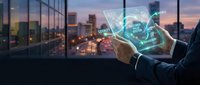 Businessman holding digital tablet with glowing network icons and city skyline at sunset, representing global connectivity, technology innovation, and business solutions for corporate applications.