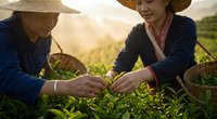 Two Asian women tea farmers harvesting fresh green tea leaves together in plantation field during golden hour sunrise with traditional woven hats and baskets.