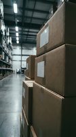Stacked cardboard boxes with shipping labels in modern warehouse facility with industrial lighting and storage shelves for logistics operations.