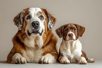 Two adorable dogs, Saint Bernard and Brittany Spaniel lying together on beige background, looking at camera with expressive faces and similar poses.