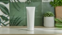 White cosmetic tube on marble counter against green tropical background with palm leaves and ceramic pot, mockup for skincare product packaging design.