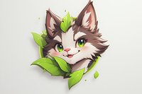 Playful cartoon cat character with bright green eyes peeks through fresh spring leaves, featuring brown and white fur on isolated background for stickers and merchandise.