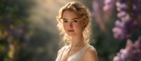 Young woman in white lace dress with delicate pearl necklace poses outdoors against soft bokeh background with blooming spring flowers and natural sunlight.