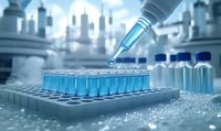 Scientist pipetting blue liquid into test tubes in laboratory with cityscape background, representing biotechnology, research, and medical science innovation.