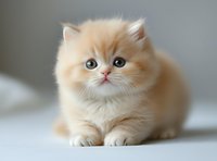 Adorable cream colored Persian kitten with big green eyes and fluffy fur sitting on white background, looking directly at camera. For pet shop advertising and veterinary clinics.