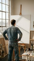 Male artist in denim jacket standing before blank canvas in sunlit studio workspace with easel and painting supplies ready for creative work.