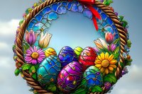 Colorful Easter basket with decorated eggs and spring flowers against blue sky background. Woven basket features ornate painted eggs and blooming tulips, daisies.