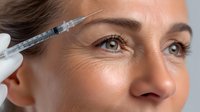 Mature Caucasian woman receiving cosmetic injection near eye area for wrinkle reduction treatment in aesthetic clinic.
