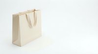 Minimalist cream paper shopping bag with handles on clean white background for retail branding and eco-friendly packaging design projects.