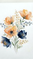 Watercolor floral bouquet with orange and navy blue flowers, delicate stems and leaves on white background for wedding invitations and greeting cards.