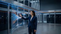 Professional businesswoman interacting with futuristic holographic data visualization in modern corporate office environment at night.