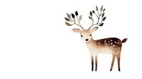 Whimsical spotted deer with floral antlers in watercolor style on white background, forest creature for nursery art and children illustration designs.
