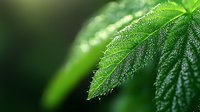 Fresh cannabis leaf with morning dew drops in macro view against dark green background, showing detailed texture and water droplets on serrated edges.