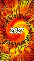 Comic book explosion with 2027 text in center featuring radial burst lines and smoke clouds in vibrant orange yellow red gradient colors for New Year celebration.