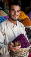 Middle Eastern merchant smiling while holding basket of vibrant purple saffron spice at traditional market, with colorful spice mounds in soft-focus background.