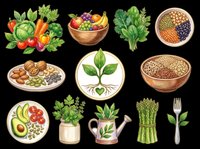 Healthy organic vegetables, fruits, legumes, nuts, and fresh herbs isolated on transparent background. Ready for nutrition labels, wellness designs, t-shirt graphics, clipart collections, print-on-demand products, and dietary educational materials.