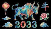 Ox zodiac sign 2033 with lantern, clouds, peony flower and decorative elements isolated on transparent background, ready for t-shirt design, clipart, stickers, print-on-demand and sublimation projects.