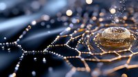 Delicate spider web covered in morning dew drops glistens with golden sunlight, creating magical bokeh effect against dark background. Nature macro photography.