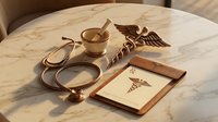 Medical tools including stethoscope, mortar and pestle, caduceus symbol, and clipboard arranged on a marble table in warm golden tones.