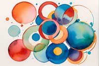 Vibrant watercolor circles in coral, turquoise and navy blue create an abstract composition with overlapping transparent shapes and organic flowing forms on white paper.