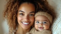 Mixed race mother and baby share joyful smiles in warm intimate portrait. Natural curly hair woman holds adorable infant wearing knit hat against soft background.
