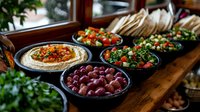 Middle Eastern appetizer spread featuring fresh hummus topped with colorful vegetables, marinated olives, and tabbouleh salad served in traditional black bowls on rustic wooden table.