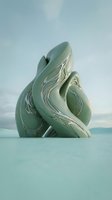 Abstract sculptural form in sage green and cream tones emerging from turquoise water against cloudy sky. Organic flowing shapes with fluid curves suggest movement and elegance. Suitable for contemporary art, design inspiration, and creative projects.