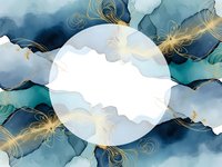 Abstract watercolor background with golden lines and circular frame for text or logo placement in blue and teal tones.