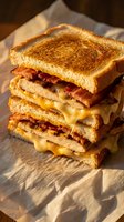 Stack of golden grilled cheese sandwiches with melted cheddar and crispy bacon on rustic wooden cutting board for comfort food and restaurant menu designs.