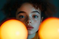 Young woman with curly hair and freckles in dramatic lighting with orange bokeh spheres in foreground creating dreamy atmospheric portrait against dark background.