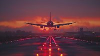 Commercial airplane landing at sunset with dramatic red sky and illuminated runway lights creating leading lines, perfect for aviation, travel and transportation industry designs.