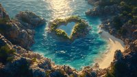 Heart-shaped natural lagoon formed by rocky cliffs along tropical coastline with turquoise water and sandy beach, aerial view during golden sunset light.